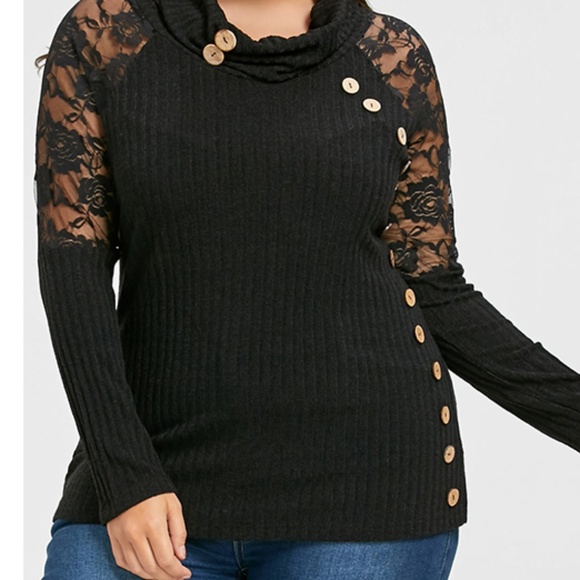 Plus Size Lace Shoulder Button Embellished Sweater - Picture 2 of 8
